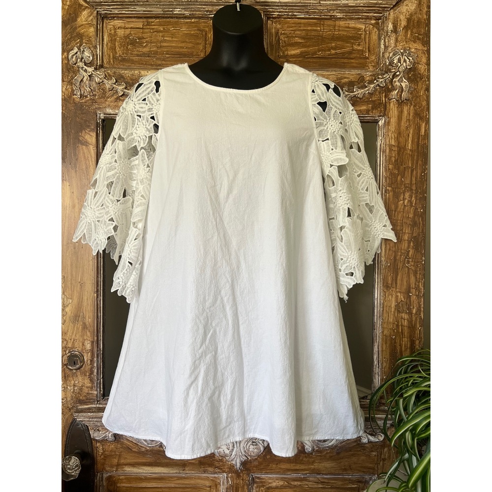 Umgee White Dress with‎ Floral Lace Sleeves Summer Casual Dress Size Large